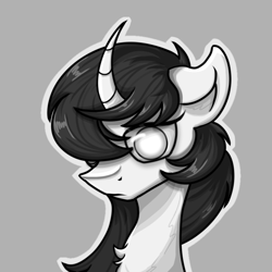 Size: 800x800 | Tagged: safe, artist:taoyvfei, oc, oc only, oc:taoyvfei, pony, unicorn, black mane, bust, chest fluff, curved horn, female, female oc, gray background, horn, long neck, mare, mare oc, outline, shiny mane, simple background, solo, unicorn oc, white coat, white eyes