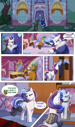 Size: 2419x4093 | Tagged: safe, artist:puke-o, rarity, oc, oc:cyan sand, earth pony, pony, unicorn, comic:mature rarity needs the d, g4, alcohol, butt, canon x oc, carousel boutique, chest fluff, clothes, corset, dock, drink, drinking, duo, duo male and female, female, fluffy, horn, lingerie, male, mare, mirror, older, older rarity, plot, stallion, sternocleidomastoid, stockings, tail, thigh highs, wine