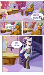 Size: 2419x4093 | Tagged: safe, artist:puke-o, rarity, oc, oc:cyan sand, earth pony, pony, unicorn, comic:mature rarity needs the d, g4, bipedal, blushing, canon x oc, carousel boutique, chest fluff, clothes, corset, duo, duo male and female, female, fluffy, horn, lingerie, male, mare, mirror, older, older rarity, sitting, stallion, sternocleidomastoid, stockings, thigh highs