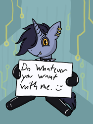 Size: 600x800 | Tagged: safe, artist:robipony, oc, oc only, oc:tansha, pony, unicorn, choker, clothes, cyberpunk, detailed background, ear piercing, female, horn, lip piercing, mare, piercing, science fiction, setting: neo somnambula, sign, solo, spiked choker, stockings, thigh highs, variant
