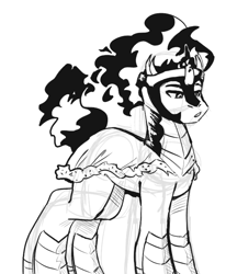 Size: 681x828 | Tagged: safe, artist:alex6886, king sombra, pony, unicorn, g4, armor, black and white, cape, clothes, grayscale, horn, lineart, monochrome, simple background, sketch, solo, white background