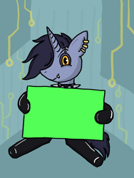 Size: 600x800 | Tagged: safe, artist:robipony, oc, oc only, oc:tansha, pony, unicorn, choker, clothes, cyberpunk, detailed background, ear piercing, female, green screen, horn, lip piercing, mare, piercing, science fiction, setting: neo somnambula, sign, solo, spiked choker, stockings, thigh highs, variant