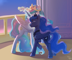 Size: 1296x1080 | Tagged: safe, artist:shiqiuzhu, princess celestia, princess luna, alicorn, pony, g4, butt, concave belly, crown, duo, duo female, eyes closed, female, horn, horns are touching, jewelry, magic, plot, regalia, royal sisters, siblings, sisters, slender, telekinesis, thin