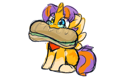 Size: 800x500 | Tagged: safe, artist:zutcha, oc, oc only, alicorn, pony, coat markings, colored sketch, food, glasses, heterochromia, male, mouth hold, sandwich, sitting, sketch, smiling, socks (coat markings), solo, stallion, submarine sandwich