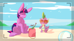 Size: 3600x2000 | Tagged: safe, artist:chapaevv, spike, twilight sparkle, dragon, pony, unicorn, g4, beach, big ears, boat, bucket, duo, duo male and female, female, impossibly large ears, male, ocean, one eye closed, patreon, patreon reward, shovel, smiling, sunglasses, tongue out, unicorn twilight, water