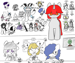 Size: 1020x858 | Tagged: safe, artist:castafae, twilight sparkle, oc, oc:anon, oc:checkers, oc:eidolon, oc:faint rune, oc:foolhardy, oc:gnosis, oc:gray garden, oc:greenie, oc:radio, oc:reign, earth pony, pony, unicorn, g4, glasses, horn, scythe, sketch, sketch dump, sword, weapon