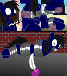 Size: 2600x2986 | Tagged: safe, artist:cardshark777, oc, oc only, oc:shadow thunder, pegasus, pony, 4 panel comic, black mane, blurry background, bondage, bound and gagged, bound wings, brick wall, captive, comic, digital art, duct tape, feather, female, femsub, fetish, gag, helpless, hoof over mouth, imminent tickles, kidnapped, levitation, looking at you, lying down, magic, mare, offscreen character, one eye closed, pegasus oc, submissive, tape, tape bondage, tape gag, telekinesis, tickle fetish, tickle torture, tickling, tied up, wings