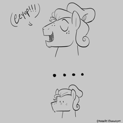 Size: 3000x3000 | Tagged: safe, artist:texacity, part of a set, oc, oc only, oc:jazz apple, earth pony, pony, g4, ..., bust, dot eyes, eeyup, eyes closed, freckles, gray background, grayscale, like father like son, like parent like child, male, monochrome, offspring, open mouth, open smile, parent:big macintosh, parent:fluttershy, parents:fluttermac, signature, simple background, smiling, solo, speech bubble, stallion, sudden realization