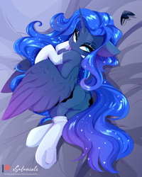 Size: 4000x5000 | Tagged: safe, alternate version, artist:xsatanielx, princess luna, alicorn, pony, g4, absurd resolution, bed, bedroom eyes, butt, chest fluff, clothes, dock, featureless crotch, female, floppy ears, frog (hoof), horn, looking at you, looking back, looking back at you, lying down, lying on bed, mare, moonbutt, on bed, on side, patreon, patreon logo, plot, rear view, socks, solo, spread wings, tail, underhoof, wings