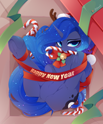 Size: 5000x6000 | Tagged: safe, alternate version, artist:xsatanielx, princess luna, alicorn, pony, g4, absurd resolution, bell, bell collar, belly, belly button, butt, candy, candy cane, collar, dock, featureless crotch, female, folded wings, food, frog (hoof), gift wrapped, happy new year, holiday, horn, looking at you, lying down, mare, mouth hold, on back, patreon, patreon logo, plot, present, ribbon, solo, tail, underhoof, wings