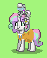 Size: 232x289 | Tagged: safe, artist:anonymous, silver spoon, sweetie belle, earth pony, pony, unicorn, pony town, g4, /ptfg/, alternate design, clothes, dress, female, flower, flower in hair, glasses, green background, horn, kinsona, older, older sweetie belle, plushie, pony plushie, simple background, solo