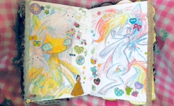 Size: 2048x1252 | Tagged: safe, artist:ieatedyuripizza, fluttershy, rainbow dash, pegasus, pony, g4, colored pencil drawing, photo, traditional art