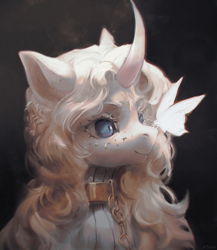 Size: 1668x1925 | Tagged: safe, artist:rvsd, oc, oc only, butterfly, pony, unicorn, bust, butterfly on nose, chains, clothes, collar, curved horn, horn, insect on nose, male, portrait, smiling, solo, turtleneck