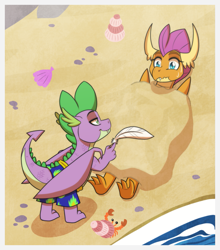 Size: 1181x1344 | Tagged: safe, artist:inuhoshi-to-darkpen, smolder, spike, dragon, g4, beach, buried in sand, clothes, commission, dragoness, duo, duo male and female, feather, female, imminent tickles, male, outdoors, pants, passepartout, sweat, sweatdrop, winged spike, wings