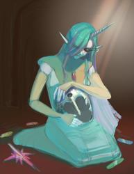 Size: 1687x2184 | Tagged: safe, artist:visnna, princess celestia, human, g4, eyes closed, female, helmet, holding, horn, horned humanization, humanized, kneeling, pony coloring, solo