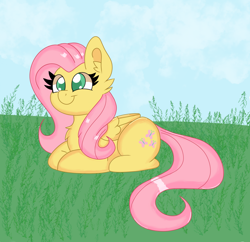 Size: 1952x1888 | Tagged: safe, artist:sparkly-retsuko, fluttershy, pegasus, pony, g4, colored pupils, cute, female, field, lying down, mare, ponyloaf, prone, shyabetes, smiling, solo