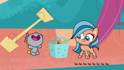 Size: 1280x720 | Tagged: safe, screencap, orange zest, ant, earth pony, insect, pony, cute-pocalypse meow, g4, g4.5, my little pony: pony life, baby, baby pony, basket, colt, duo, female, foal, male, mare, nose in the air, palindrome get, picnic basket, playground, unnamed character, unnamed pony