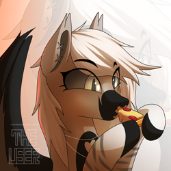 Size: 2000x2000 | Tagged: safe, artist:theuser, oc, oc only, oc:devilvoice, bat pony, bat pony oc, ear piercing, eating, female, food, jewelry, necklace, pepperoni pizza, piercing, pizza, solo, zoom layer