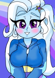 Size: 900x1280 | Tagged: safe, artist:vanillawaffer3000, trixie, human, equestria girls, g4, blushing, breasts, busty trixie, female, solo