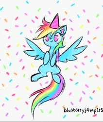 Size: 560x660 | Tagged: safe, artist:flutterberrypie, rainbow dash, pegasus, pony, g4, confetti, cute, dashabetes, female, hat, hooves to the chest, looking at you, mare, no pupils, party hat, signature, simple background, smiling, smiling at you, solo, spread wings, white background, wings