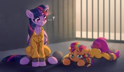 Size: 2843x1664 | Tagged: safe, artist:ls_skylight, sunny starscout, twilight sparkle, alicorn, g5, bound wings, chained, chains, clothes, commissioner:rainbowdash69, cuffed, cuffs, duo, duo female, female, jail, jail cell, jumpsuit, lighting, mane stripe sunny, never doubt rainbowdash69's involvement, prison jumpsuit, prison outfit, prisoner, prisoner ss, prisoner ts, shackles, sternocleidomastoid, sunny and her heroine, twilight sparkle (alicorn), wings