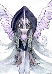 Size: 854x1200 | Tagged: safe, artist:laymy, oc, oc only, oc:marena, alicorn, pony, alicorn oc, braid, braided pigtails, female, hood, horn, jewelry, looking at you, mare, necklace, pigtails, simple background, solo, spread wings, traditional art, watercolor painting, white background, wings