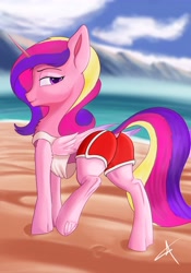 Size: 2867x4096 | Tagged: safe, artist:bluishdraft, princess cadance, alicorn, pony, g4, beach, clothes, female, frog (hoof), raised leg, shorts, slender, solo, thin, underhoof