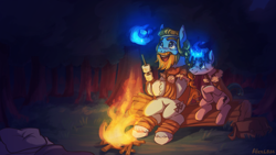 Size: 1920x1080 | Tagged: safe, artist:alex6886, rockhoof, stygian, earth pony, pony, unicorn, g4, campfire, camping, cloak, clothes, cute, cutehoof, detailed background, duo, duo male, food, forest, gay, horn, male, marshmallow, nature, night, outdoors, shipping, stallion, stygian's cutie mark, stygianbetes, stygianhoof, tree