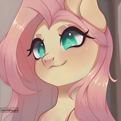 Size: 1200x1200 | Tagged: safe, artist:vivinhyan, fluttershy, pony, g4, the cutie map, :3, bust, cute, female, flutterbob, mare, portrait, scene interpretation, shyabetes, solo