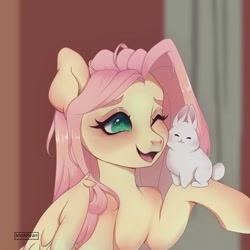 Size: 1000x1000 | Tagged: safe, artist:vivinhyan, angel bunny, fluttershy, pegasus, pony, rabbit, g4, angelbetes, animal, bust, cute, duo, female, mare, nuzzling, one eye closed, open mouth, shyabetes, sitting, sitting on person, sitting on pony, smiling