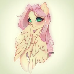 Size: 1000x1000 | Tagged: safe, artist:vivinhyan, fluttershy, pegasus, pony, g4, bust, cute, female, gradient background, hiding behind wing, looking at you, mare, shy, shyabetes, smiling, solo, wings