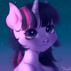 Size: 2160x2160 | Tagged: safe, artist:vivinhyan, twilight sparkle, pony, unicorn, g4, bust, eye reflection, female, high res, horn, mare, night, portrait, reflection, sky, smiling, solo, stars