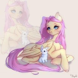 Size: 3160x3160 | Tagged: safe, artist:vivinhyan, part of a set, angel bunny, fluttershy, pegasus, pony, rabbit, g4, animal, cute, duo, female, high res, lying down, mare, prone, shyabetes, smiling, zoom layer