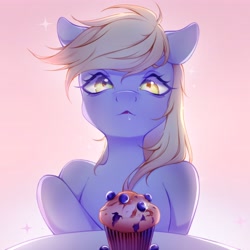 Size: 4096x4096 | Tagged: safe, artist:vivinhyan, derpy hooves, pegasus, pony, g4, absurd resolution, blueberry, bust, drool, female, food, gradient background, looking at something, mare, muffin, solo, sparkles, that pony sure does love muffins