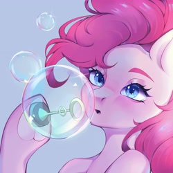 Size: 4096x4096 | Tagged: safe, artist:vivinhyan, pinkie pie, earth pony, pony, g4, absurd resolution, blowing bubbles, bubble, bust, female, gradient background, hoof hold, mare, portrait, solo