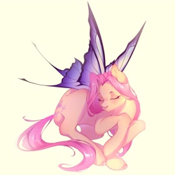 Size: 4060x4060 | Tagged: safe, artist:vivinhyan, fluttershy, pegasus, pony, g4, absurd resolution, butterfly wings, eyes closed, female, mare, simple background, solo, wings