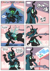 Size: 3500x5000 | Tagged: safe, artist:katzyla, gummy, pinkie pie, queen chrysalis, changeling, changeling queen, earth pony, pony, comic:a changeling queen in a nursery machine, g4, absurd resolution, bathtub, bugbutt, butt, cartoon physics, chrysalass, comic, conveyor belt, diaper, emanata, female, gulp, mechanical hands, music, my little pony logo, my little pony: friendship is magic logo, open mouth, restrained, scared, sheet music, speech bubble, suffocating, sweat, sweatdrops, theme song, tongue out