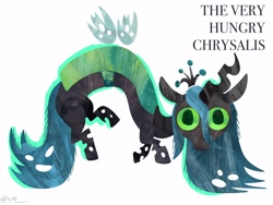 Size: 2048x1536 | Tagged: safe, artist:catscratchpaper, queen chrysalis, changeling, changeling queen, g4, eric carle, female, looking at you, mare, parody, simple background, solo, the very hungry caterpillar, white background, wide eyes