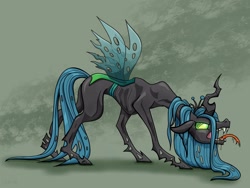 Size: 2048x1536 | Tagged: safe, artist:catscratchpaper, queen chrysalis, changeling, changeling queen, g4, concave belly, emaciated, fangs, female, mare, open mouth, ribs, skinny, solo, spread wings, thin, tongue out, wings