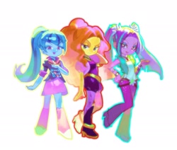 Size: 2048x1740 | Tagged: safe, artist:alba_pura, adagio dazzle, aria blaze, sonata dusk, equestria girls, g4, adoragio, ariabetes, belt, boots, clothes, cute, denim, female, gem, high heel boots, jeans, leggings, miniskirt, open mouth, pants, shirt, shoes, shorts, simple background, siren gem, skirt, socks, sonatabetes, the dazzlings, trio, trio female, white background