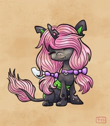 Size: 1800x2048 | Tagged: safe, artist:catscratchpaper, oc, oc only, oc:oculus, changeling, bow, cute, cute little fangs, eyes closed, fangs, female, freckles, hair bow, happy, leonine tail, mare, sitting, smiling, solo, tail