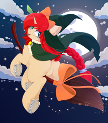 Size: 4400x5000 | Tagged: safe, alternate version, artist:xsatanielx, oc, oc only, oc:emerald sour, pony, unicorn, absurd resolution, braid, braided tail, broom, butt, cloud, commission, dock, featureless crotch, female, flying, flying broomstick, freckles, frog (hoof), full moon, hat, horn, looking at you, looking back, looking back at you, mare, moon, night, night sky, open mouth, open smile, plot, sky, smiling, smiling at you, solo, tail, underhoof, unicorn oc, witch, witch hat, ych result