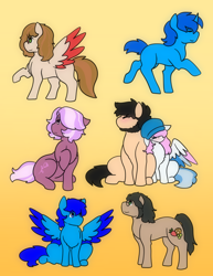 Size: 2550x3300 | Tagged: safe, artist:evesartspot124, oc, oc only, oc:"d", oc:fruitsallad, oc:jon, oc:miley, oc:pattern quill, oc:rapid song, oc:voltage, earth pony, pegasus, pony, unicorn, black mane, blue eyes, blue mane, blue pony, blue wings, blush lines, blushing, colored wings, cute, doodle, doodles, earth pony oc, eyebrows, eyes closed, female, glasses, gradient background, green eyes, happy, hat, horn, leaning, looking at something, male, mare, missing cutie mark, multicolored hair, multicolored mane, multicolored wings, oc x oc, ocs everywhere, open mouth, partially open wings, pegasus oc, pony oc, purple eyes, raised hoof, red wings, scar, shipping, sitting, smiling, spread wings, stallion, standing, tail, two toned hair, two toned mane, two toned tail, two toned wings, unicorn oc, wings