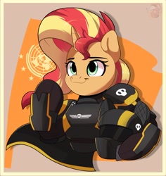 Size: 2733x2897 | Tagged: safe, artist:joaothejohn, sunset shimmer, oc, pegasus, pony, unicorn, semi-anthro, g4, armor, cape, clothes, commission, ear fluff, earth, fanart, female, flag, game, helldivers 2, helmet, horn, looking up, mare, multicolored hair, passepartout, pegasus oc, propaganda, salute, science fiction, skull, smiling, solo, ych example, your character here