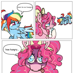 Size: 1097x1078 | Tagged: safe, artist:ask-pinkie-polkadot-pie, pinkie pie, rainbow dash, earth pony, pegasus, fanfic:cupcakes, g4, alternate design, comic panel, female, imminent murder, insanity, man i'm so hungry / how hungry, mare, meme, ponified meme, simple background, subverted meme, this will end in cupcakes, white background