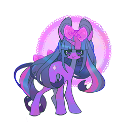 Size: 744x766 | Tagged: safe, artist:cutesykill, twilight sparkle, pony, unicorn, g4, alternate accessories, alternate cutie mark, alternate hairstyle, alternate tailstyle, bangs, big ears, bow, circle background, colored pinnae, eyelashes, female, frown, hair accessory, hair bow, horn, lace, long legs, long mane, long tail, mane accessory, mare, multicolored mane, multicolored tail, pink bow, purple coat, purple eyes, shiny mane, shiny tail, simple background, slender, solo, standing, tail, tail accessory, tail bow, tall ears, thick eyelashes, thin, thin legs, three toned mane, three toned tail, unicorn horn, unicorn twilight, wall of tags, white background