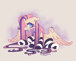 Size: 2048x1665 | Tagged: safe, artist:bishopony, fluttershy, pegasus, pony, g4, alternate eye color, black lipstick, blue eyelashes, blue eyes, blue pupils, blush scribble, blushing, clothes, colored eyelashes, colored pupils, colored wings, colored wingtips, cross, cross earring, dyed mane, ear piercing, earring, emoshy, eyebrow piercing, eyelashes, eyeshadow, female, floppy ears, frown, hair over one eye, inverted cross, jewelry, lipstick, long mane, looking back, makeup, piercing, pink wingtips, ponies in socks, pouting, purple eyeshadow, purple text, requested art, shiny eyelashes, shiny mane, signature, sitting, socks, solo, spread wings, straight mane, striped socks, text, torn wings, two toned mane, two toned wings, unamused, wall of tags, wing piercing, wings, yellow coat