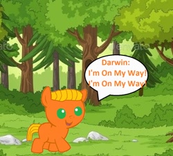 Size: 964x872 | Tagged: safe, artist:memeartboi, earth pony, pony, g4, baby, baby pony, colt, cute, darwin watterson, foal, forest, forest background, happy, little boy, male, nature, ponified, singing, solo, the amazing world of gumball, tree, walking