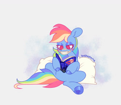 Size: 1280x1113 | Tagged: safe, artist:bishopony, rainbow dash, pegasus, pony, g4, bandage, blue coat, blue eyeshadow, blue hooves, blue text, book, colored eyelashes, colored underhoof, eyeshadow, female, frog (hoof), lidded eyes, looking at something, magenta eyelashes, makeup, mare, multicolored hair, multicolored mane, multicolored tail, no catchlights, no pupils, open book, pillow, pink eyes, post-op, rainbow hair, rainbow tail, reading, requested art, shiny hooves, signature, sitting, solo, tail, text, underhoof