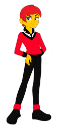 Size: 769x1706 | Tagged: safe, artist:robertsonskywa1, oc, oc only, oc:starbreaker firewalker, equestria girls, g4, bowtie, clothes, equestria girls redesign, hand on hip, male, photo, red hair, red shirt, redesign, simple background, solo, transparent background, yellow skin